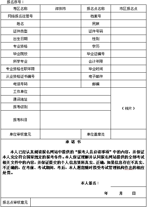 廣東深圳2015年初、中、高級會計師考試網(wǎng)上報名考生信息表