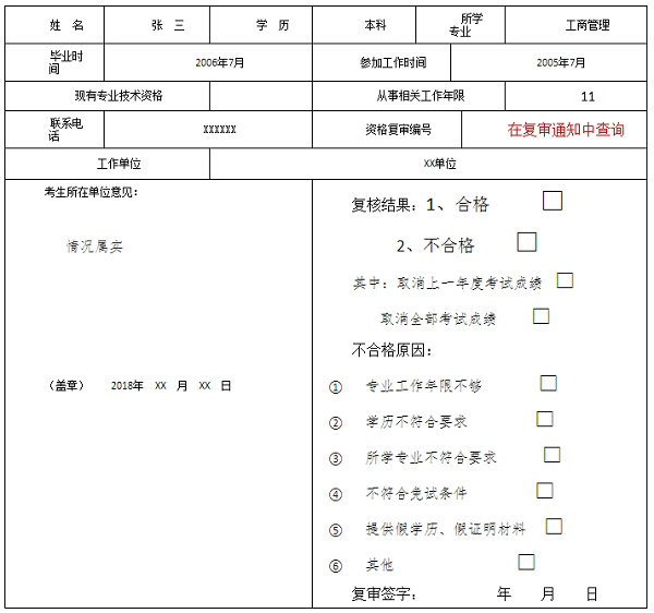 重慶市經(jīng)濟(jì)中、初級考試報(bào)名條件復(fù)審表