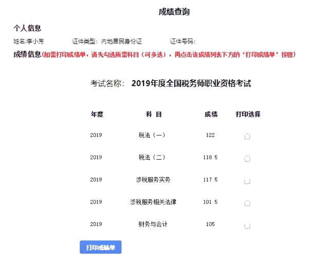 李小芳稅務(wù)師成績單