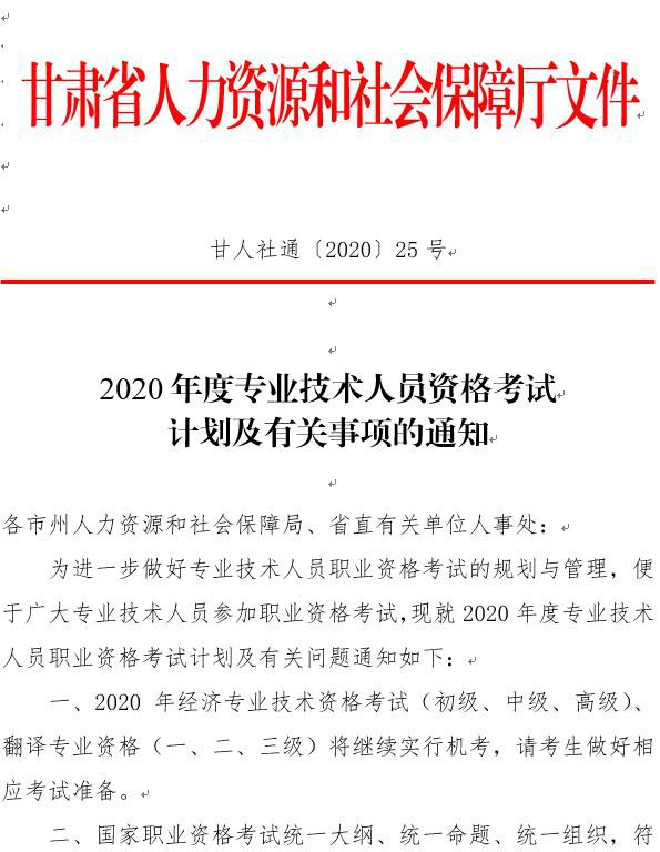 甘肅2020專業(yè)技術(shù)資格考試計劃