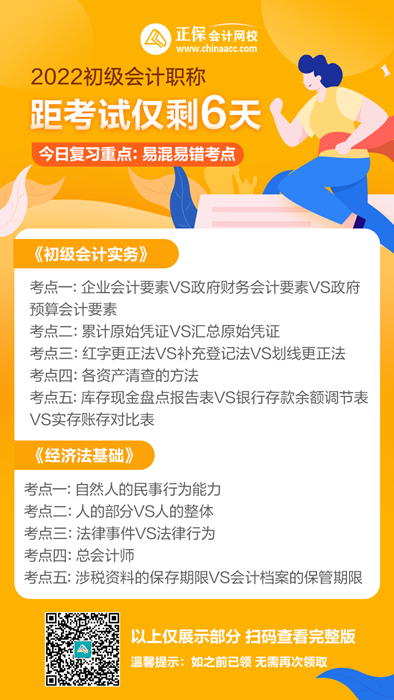 2022初級會計考試倒計時6天！學習回顧重點：易錯易混考點