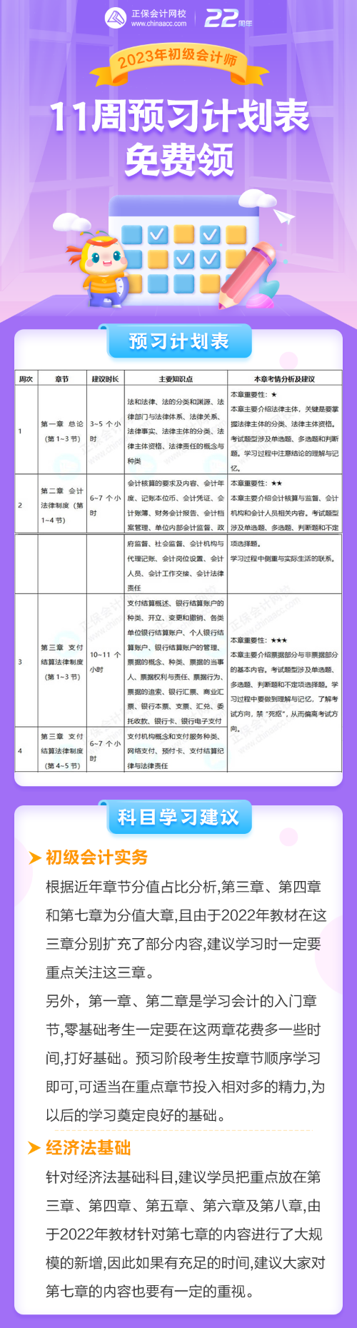 2023年初級(jí)會(huì)計(jì)考試11周預(yù)習(xí)計(jì)劃表免費(fèi)領(lǐng)！