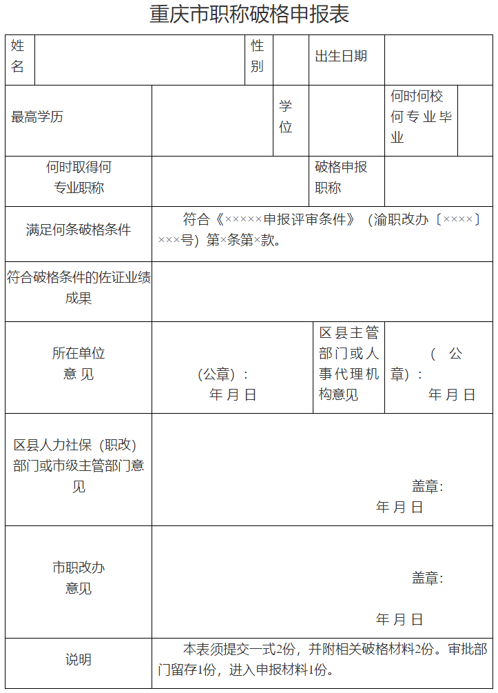 重慶市職稱破格申報表