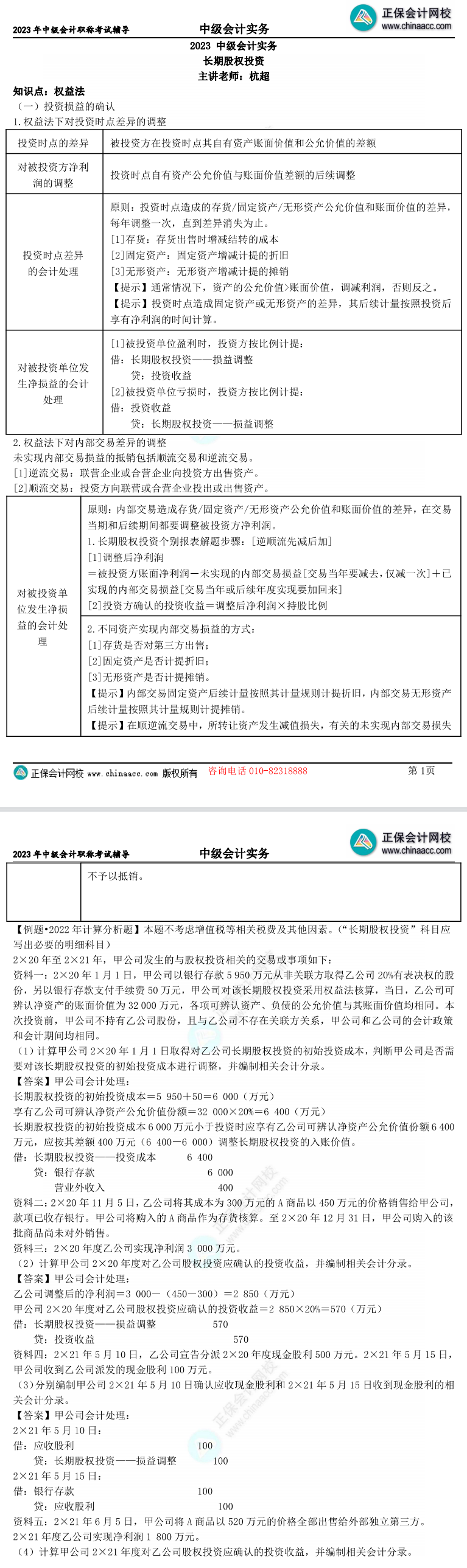 【考前點撥】杭超：中級會計實務長期股權投資6頁專項突破