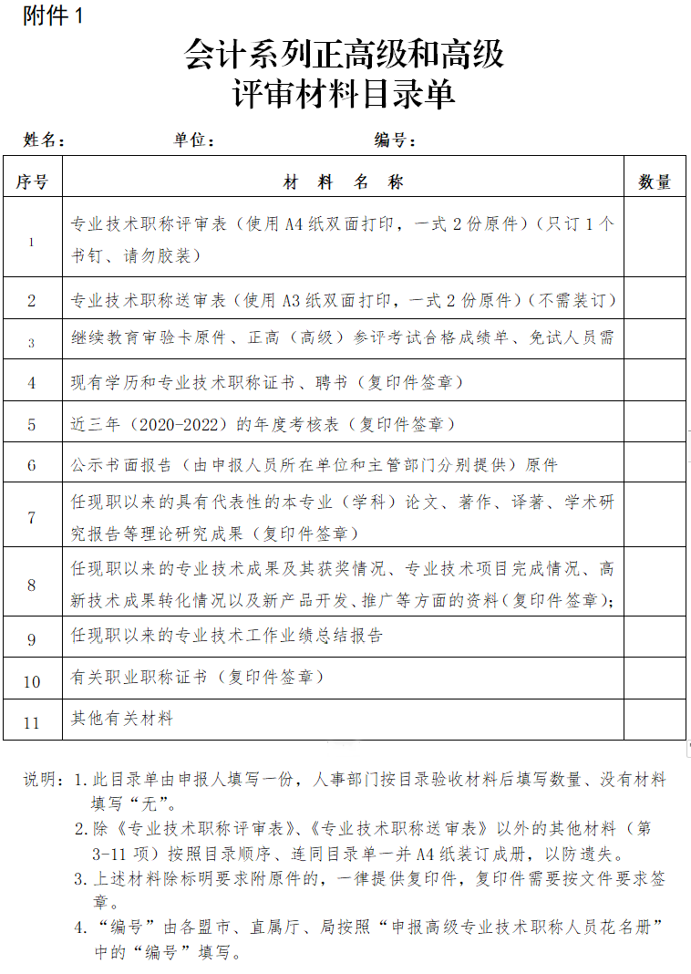 內(nèi)蒙古2023年高級會計師評審申報材料清單