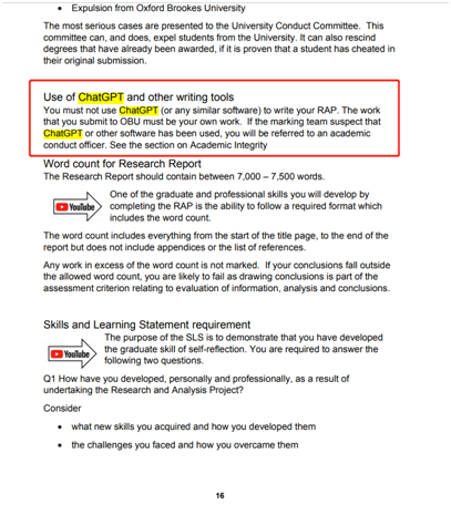 圖2：BSc(Hons) in Applied Accounting Research and Analysis Project(RAP)第16頁關(guān)于使用ChatGPT的限制