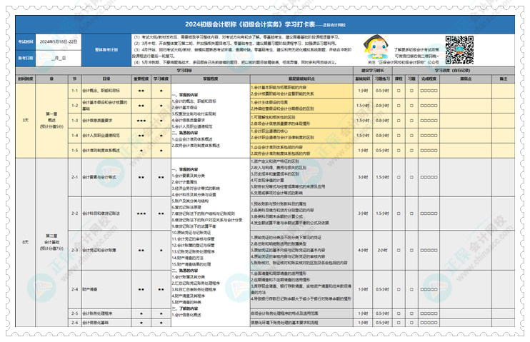 快來領(lǐng)~2024年初級會計學(xué)習計劃打卡表新鮮出爐！拖延癥很適用！