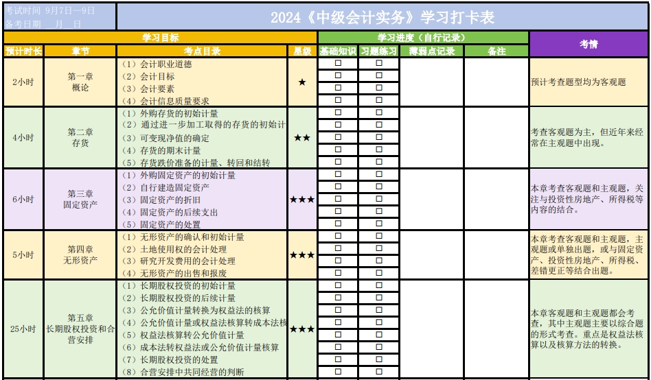 自律必備！2024年中級會計職稱學(xué)習(xí)打卡表 一鍵下載！