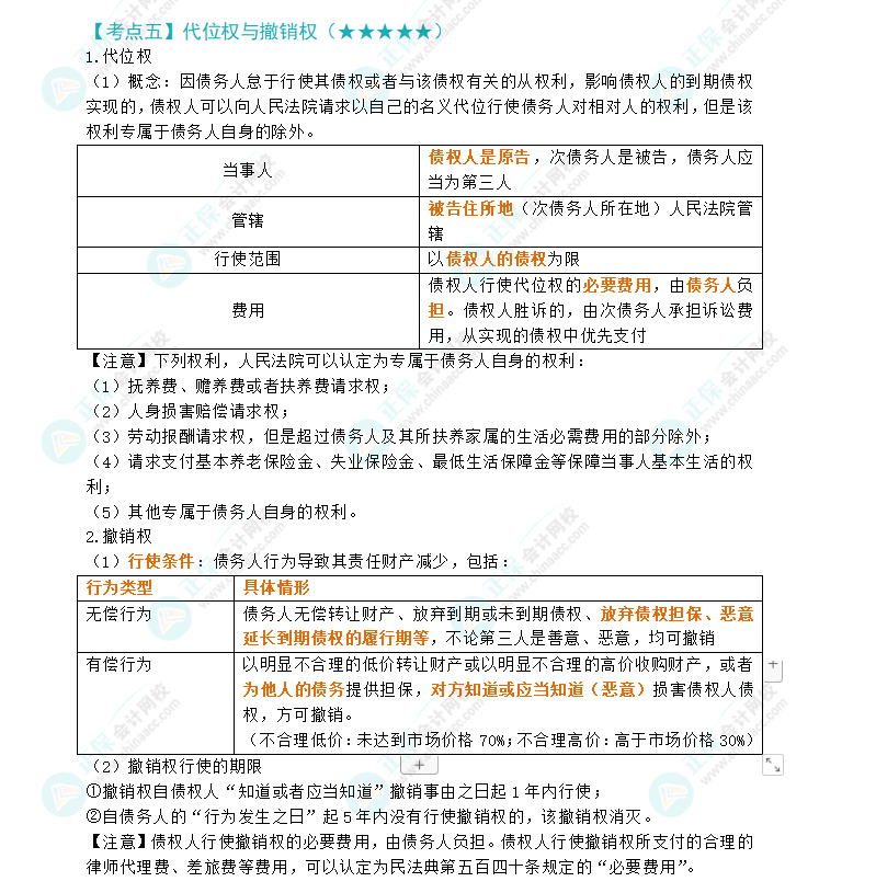 2024年注會經(jīng)濟法第4章高頻考點5：代位權(quán)與撤銷權(quán)