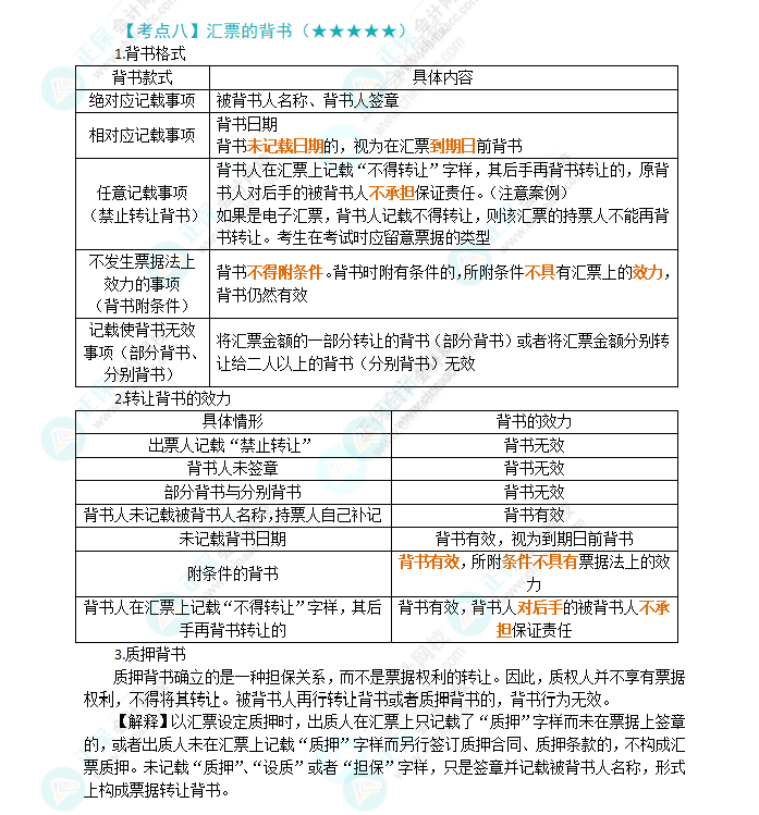 2024年注會(huì)《經(jīng)濟(jì)法》第9章高頻考點(diǎn)8：匯票的背書