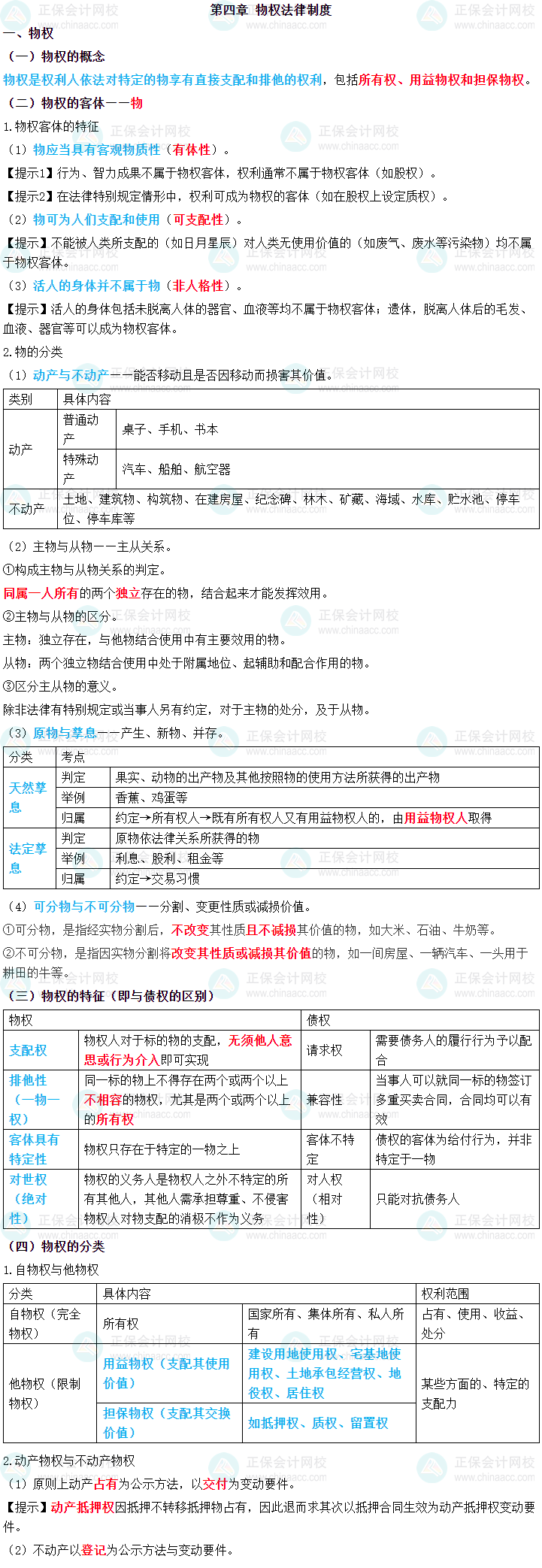 2024年中級會計(jì)職稱《經(jīng)濟(jì)法》三色筆記第四章：物權(quán)法律制度