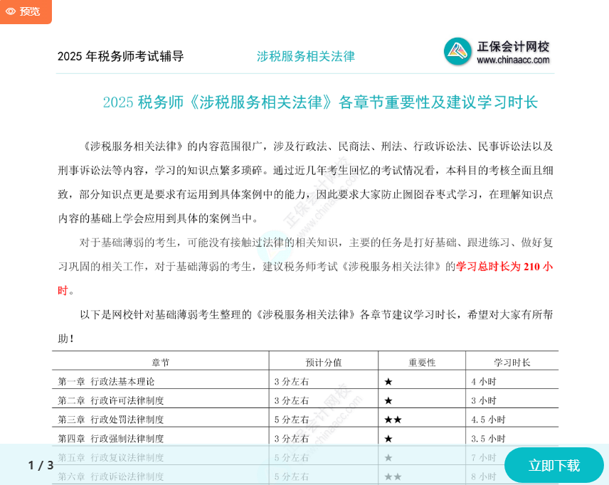 2025年稅務(wù)師《涉稅服務(wù)相關(guān)法律》各章節(jié)建議學(xué)習(xí)時(shí)長及重要性