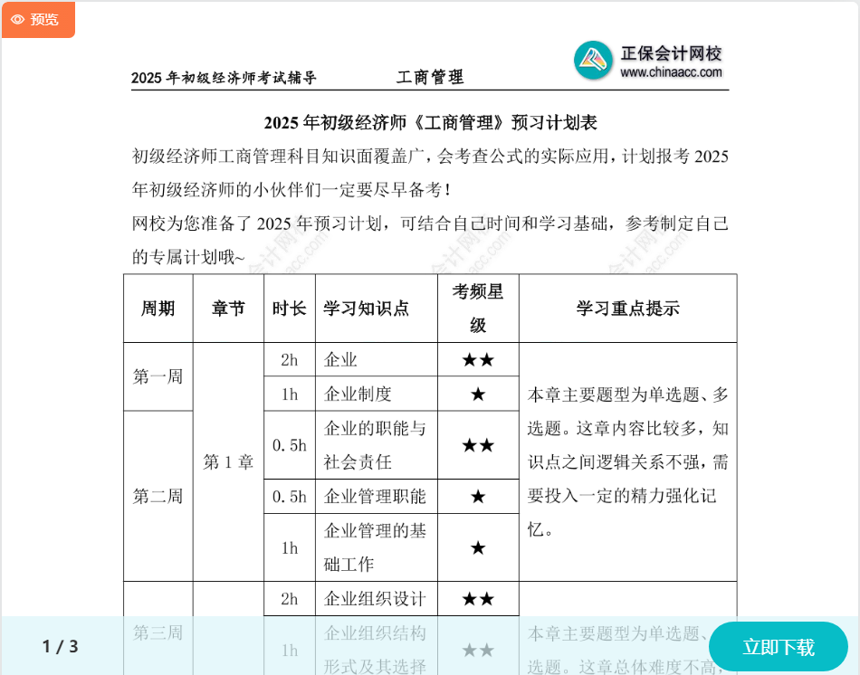 初級經(jīng)濟師《工商管理》預習計劃表 