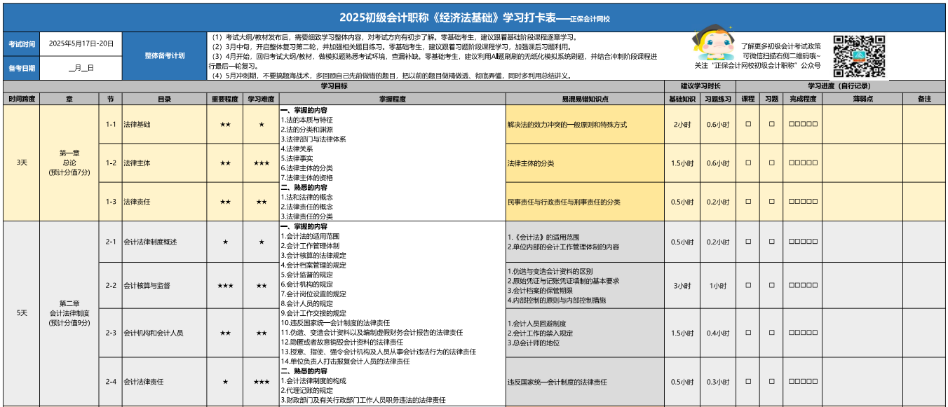 2025初級(jí)會(huì)計(jì)百天沖刺！《經(jīng)濟(jì)法基礎(chǔ)》學(xué)習(xí)打卡表